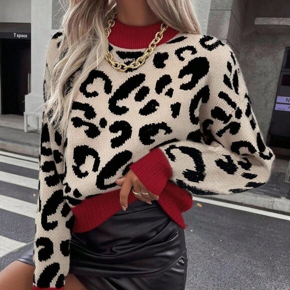 Multicolor Casual Women's Leopard Print Crew Neck Long Sleeve Pullover Sweater - Picture 1 of 3